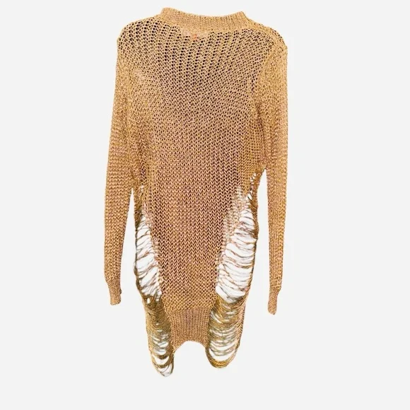 Thirty 6 Point 5 Gold Metallic Knit Sheer Long Sweater Dress S/M - Picture 3 of 8